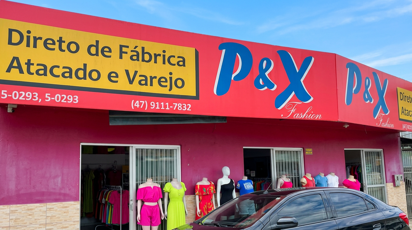 Fachada da loja P&X Fashion em Brusque-SC